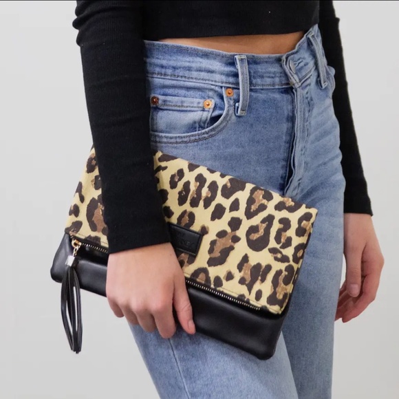 Fold Over Clutch Black Vegan Leather & Leopard Print - Picture 1 of 3